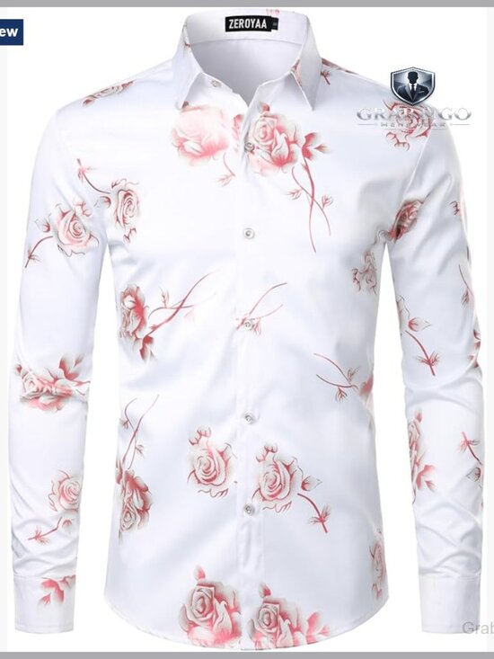 Slim Fit Long Sleeve Button Down Dress Shirt with Floral Print